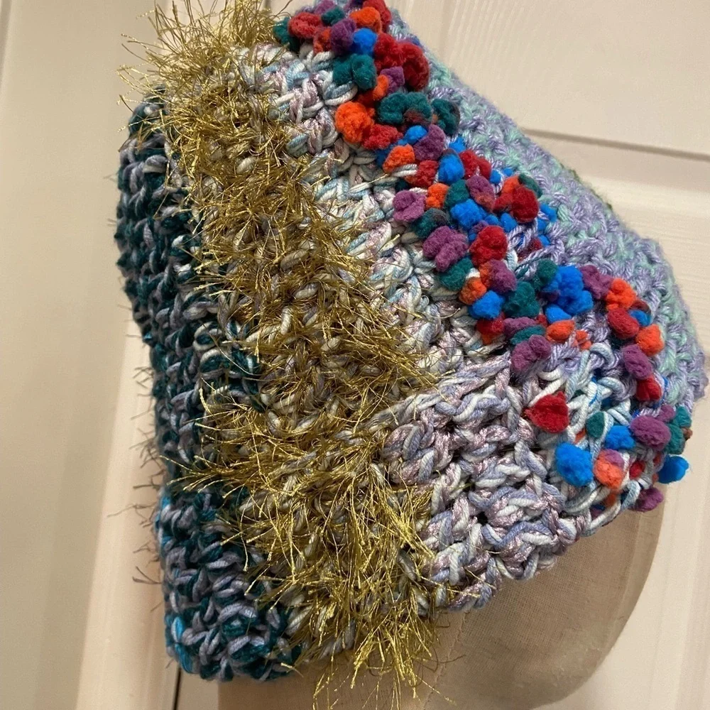 Handmade Crochet Chunky Ribbed Upcycled Multi Fiber Scrappy Yarn Beanie Hat